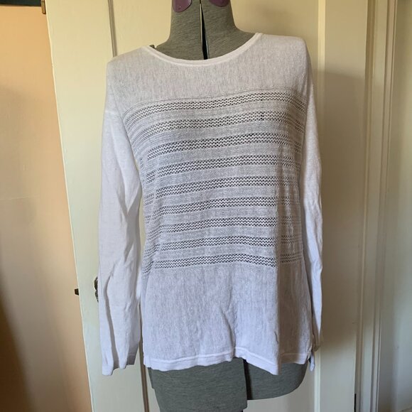 Garnet Hill 100% Linen White Sweater Long Sleeve Airy Summer Beachy Travel Light - Picture 1 of 7